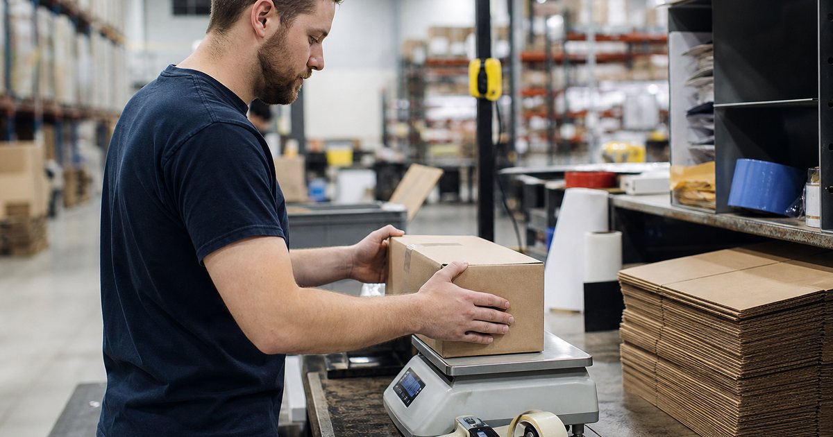 A warehouse packing station with a worker weighing a cardboard box on a shipping scale, rolls of tape and a stack of flattened boxes nearby, bright overhead lighting
