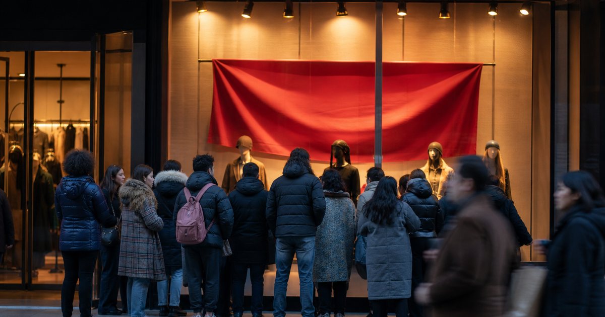 A boutique shop window decorated with red balloons and streamers and a crowd of shoppers gathered outside on a city sidewalk, viewed from across the street at dusk