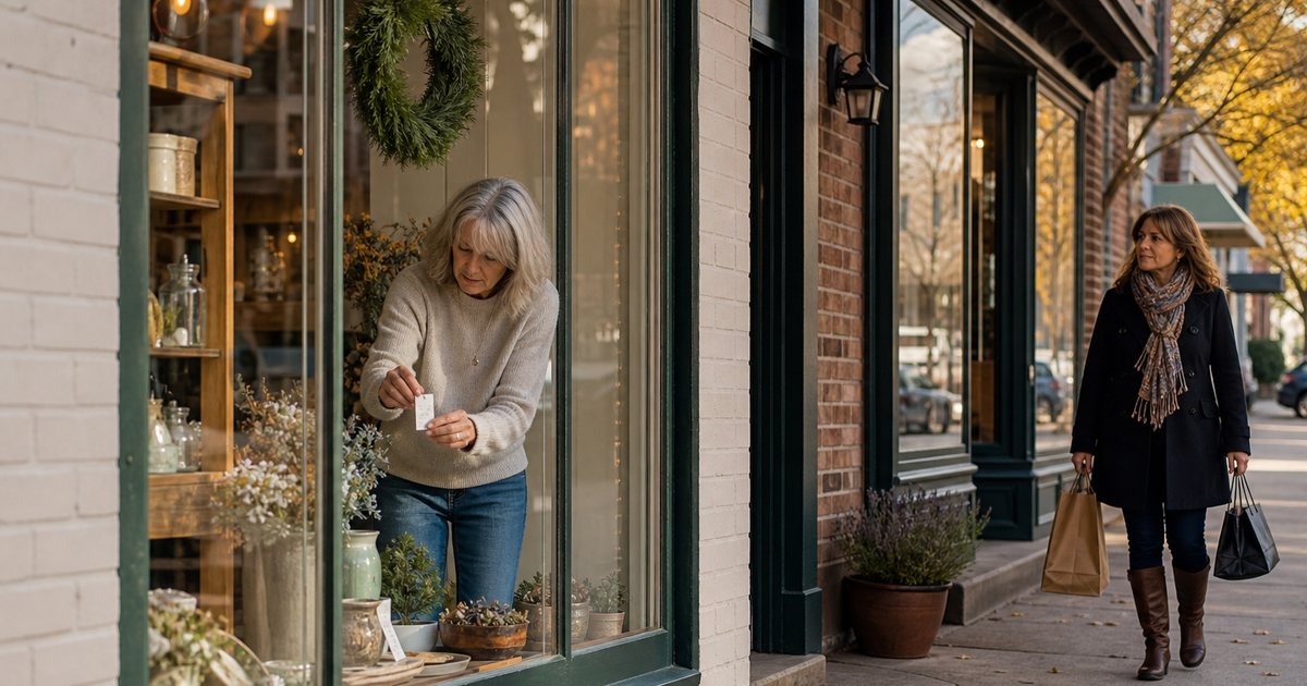 Two neighboring storefronts on a small-town main street, one shop owner rearranging products in the window display while a customer walks past with shopping bags, soft morning light