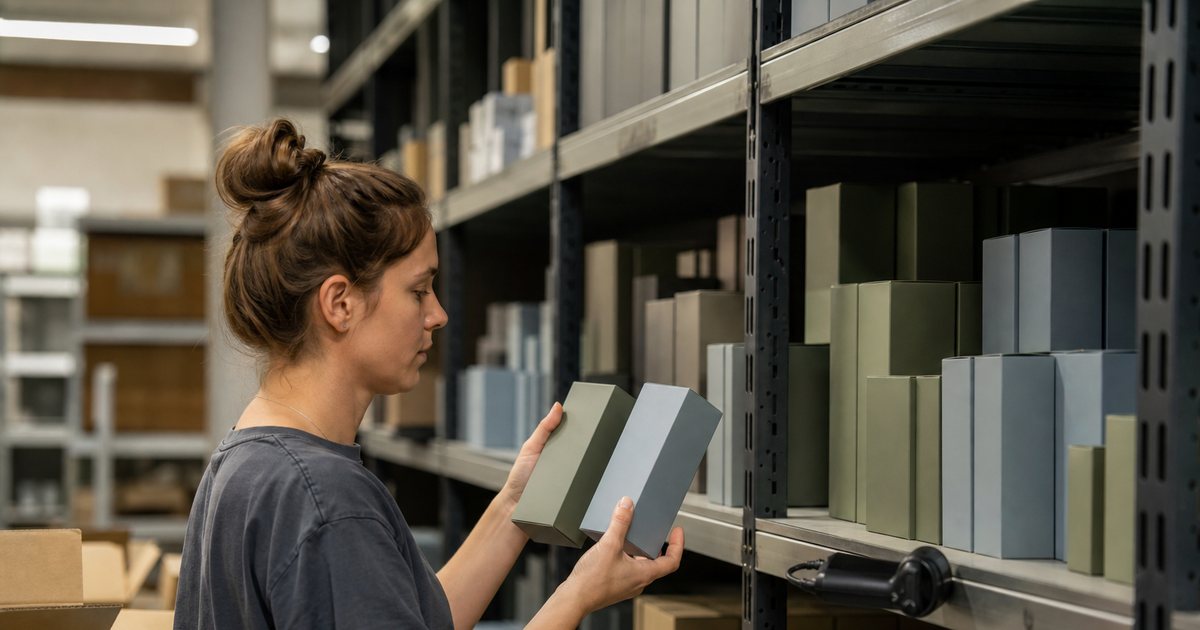 Stockroom shelves with the same product lined up in several sizes and colors, a worker holding two boxes side by side to compare them, handheld barcode scanner resting on the shelf