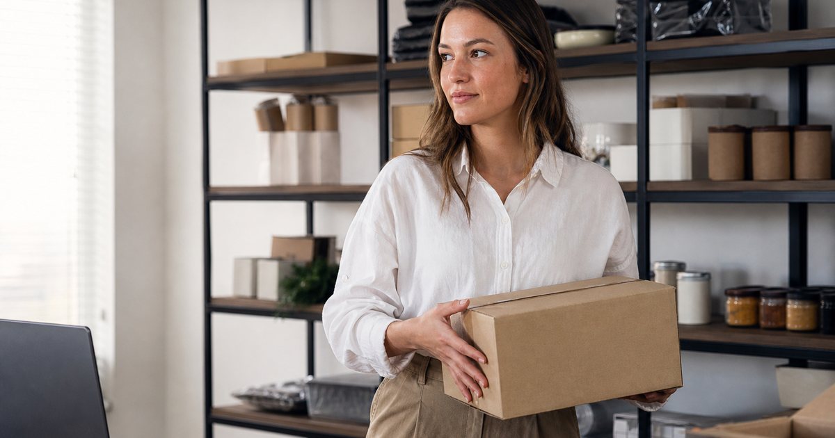 A small business owner in a tidy home warehouse holding a cardboard box beside shelves of assorted products, packing tape and scissors on a wooden table, soft daylight from a side window
