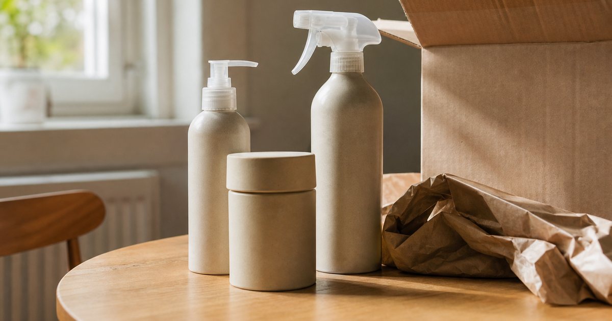 Three related household products grouped together on a plain wooden table next to an open cardboard box and crumpled packing paper, warm daylight from a nearby window