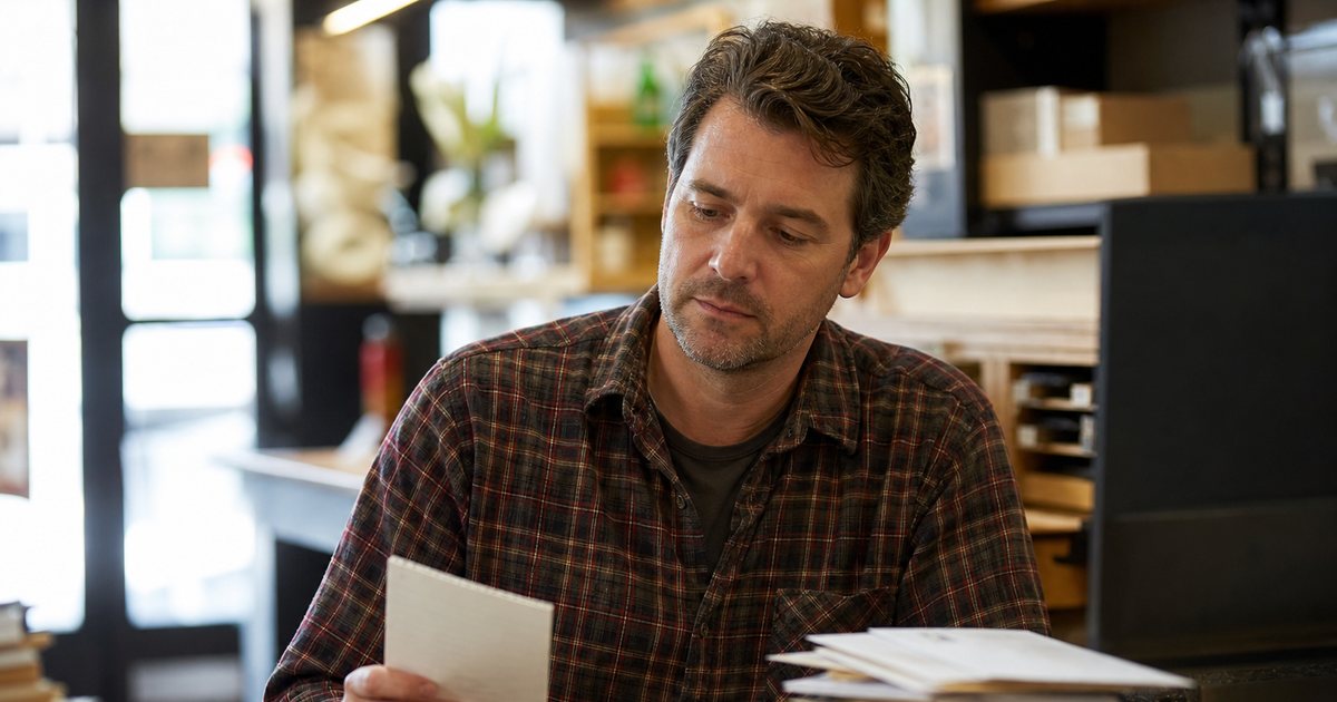 A shop owner sitting at a cluttered back-office desk in the early morning, holding a cup of coffee and looking thoughtfully at a small stack of cardboard parcels beside a closed laptop